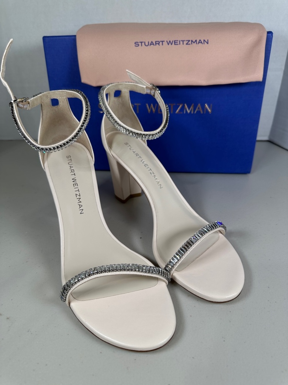 Stuart Weitzman Blush Crystal-Ankle Strap Block Heels